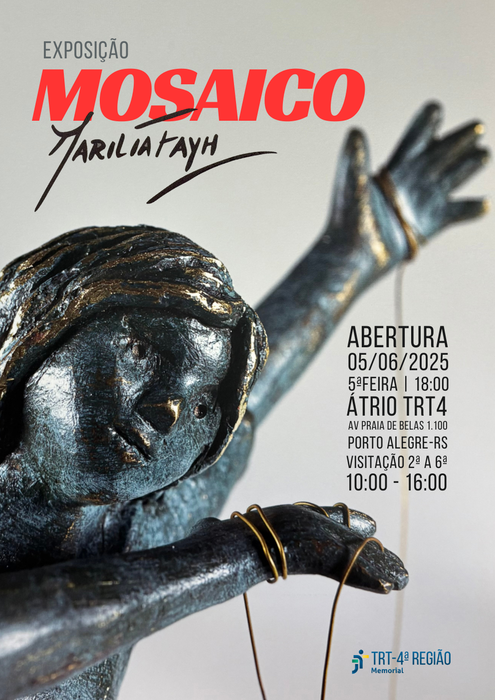 Cartaz da exposição Mosaico com detalhe de uma escultura da artista e informações de datas e local