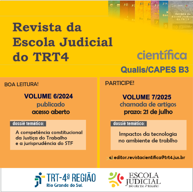 Rodapé com logotipos do TRT-RS e da Escola Judicial. Fundo amarelo com destaques em preto, azul e vermelho.