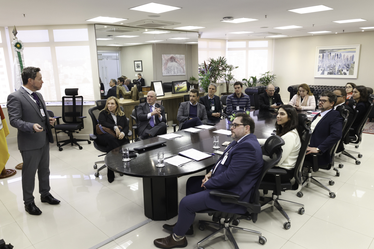 Rodrigo aparece de pé, na esquerda da foto falando. Na direita está a mesa de reuniões, com várias pessoas prestando atenção no que ele fala.