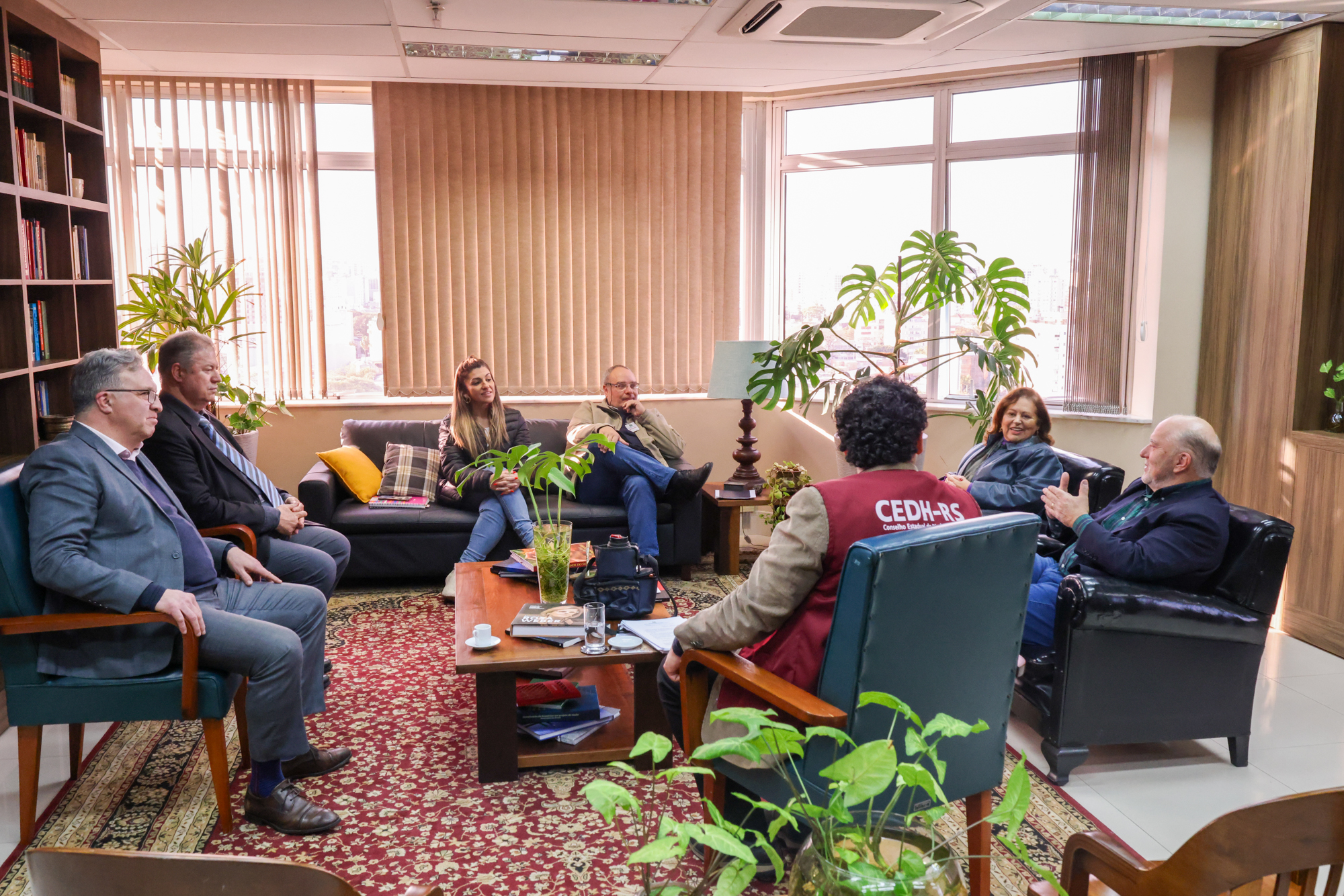 Foto da reunião, em ângulo aberto, mostrando os participantes sentados