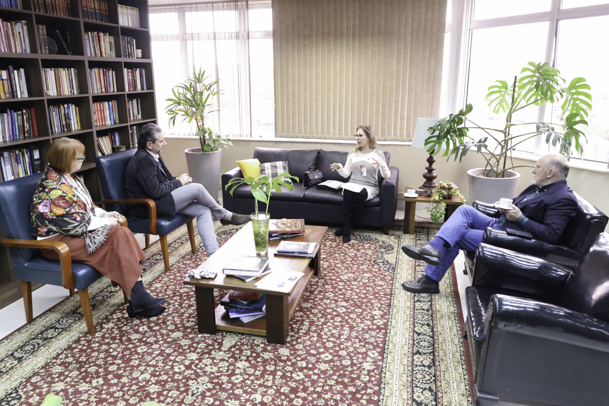 Foto geral da sala, com duas pessoas sentadas em cadeiras na esquerda, uma no sofá ao centro, e outra em um sofá na direita. A procuradora está no centro, ela fala e gesticula olhando para a esquerda da imagem. No canto esquerdo há uma estante com livros, e ao fundo uma janela aberta.