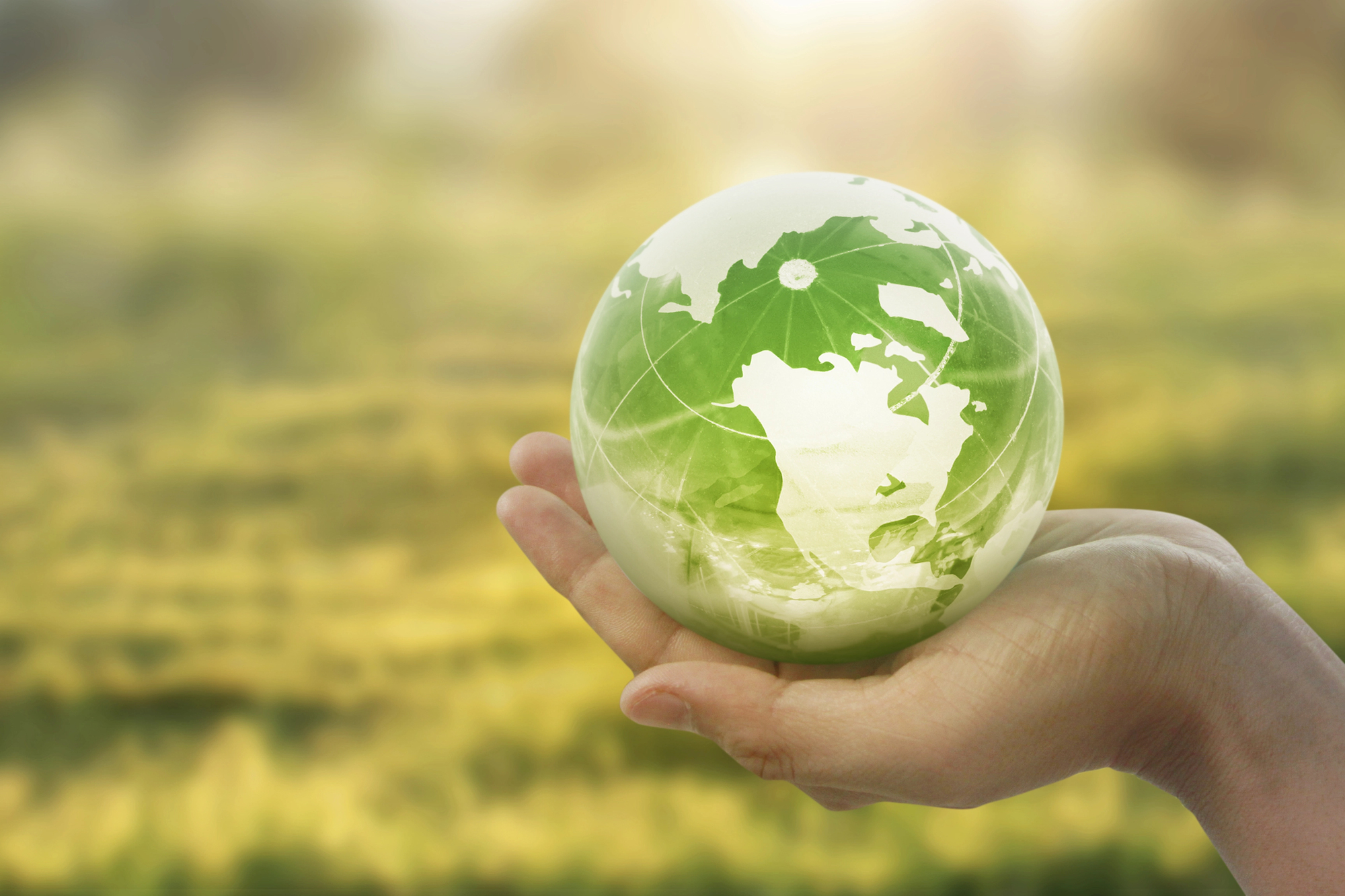 A imagem mostra uma mão humana segurando um globo translúcido em tons de verde e branco, representando a Terra. O mapa visível enfatiza a África e parte da Europa e Ásia. O fundo é desfocado, com cores amareladas e esverdeadas, sugerindo um campo ou área natural, transmitindo uma sensação de cuidado ambiental e sustentabilidade.