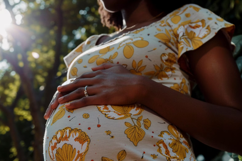 Foto de uma gestante. A mulher está com as duas mãos sobre a barriga.