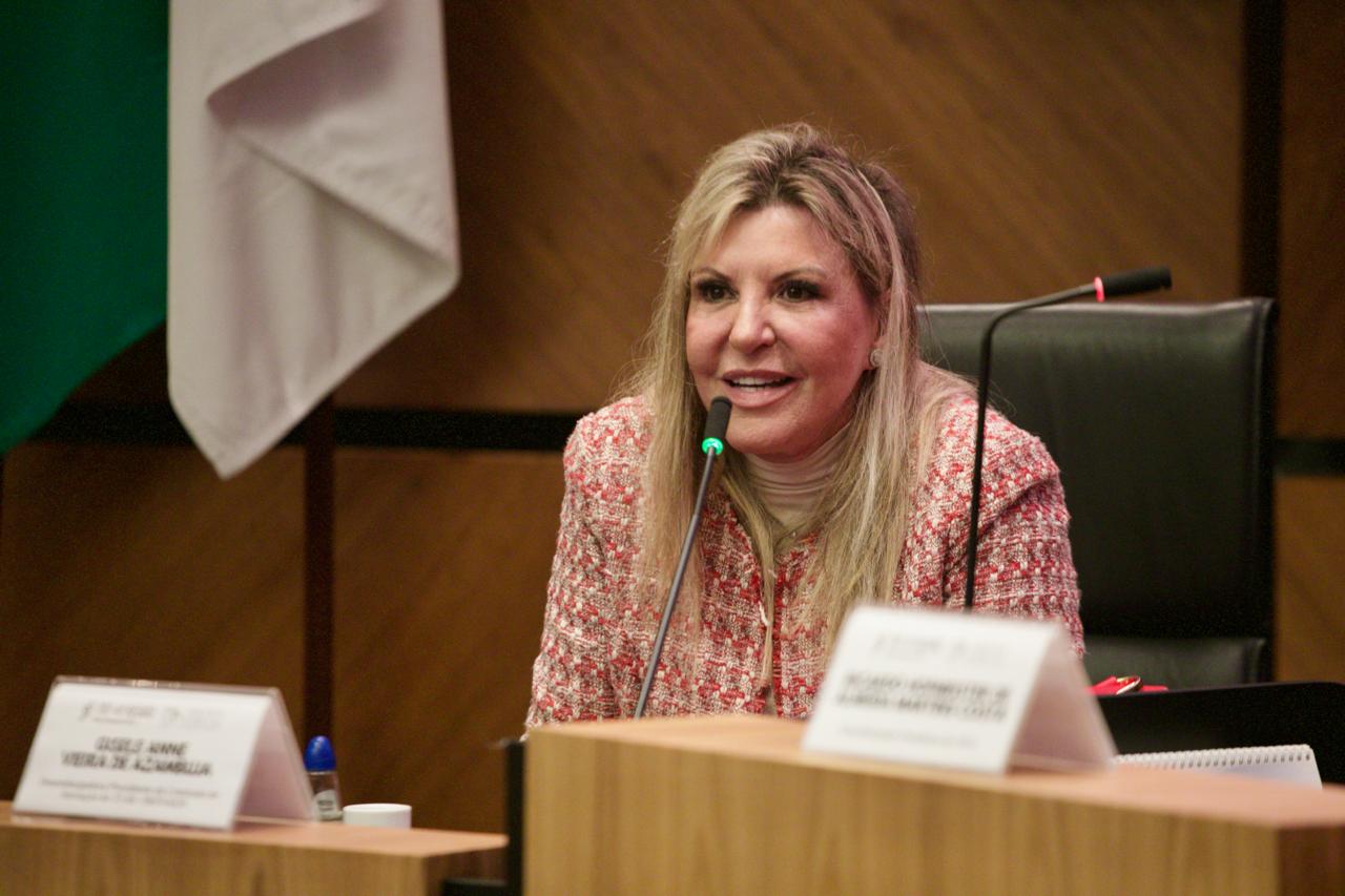 A foto mostra a desembargadora Gisele discursando.