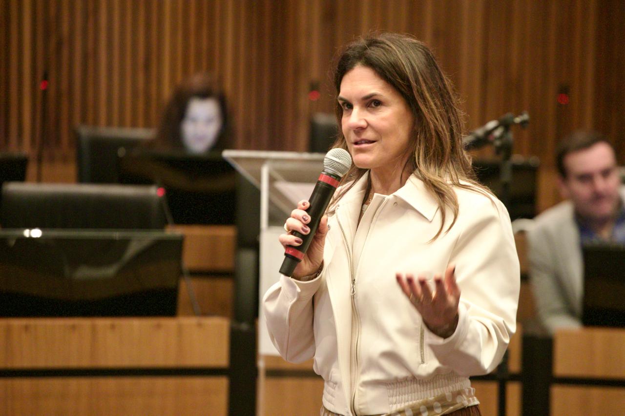 A foto mostra a juíza Ana Cláudia Cachapuz Raabe palestrando em pé.