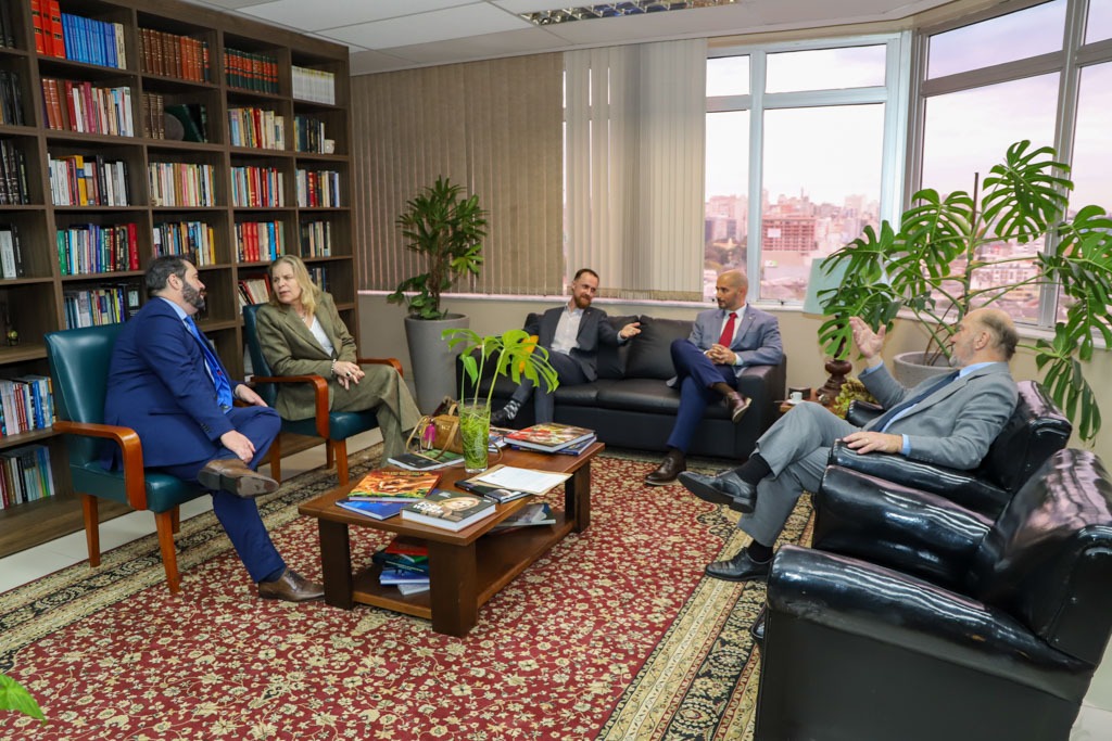  foto mostra os cinco presentes na reunião conversando, sentados em poltronas.