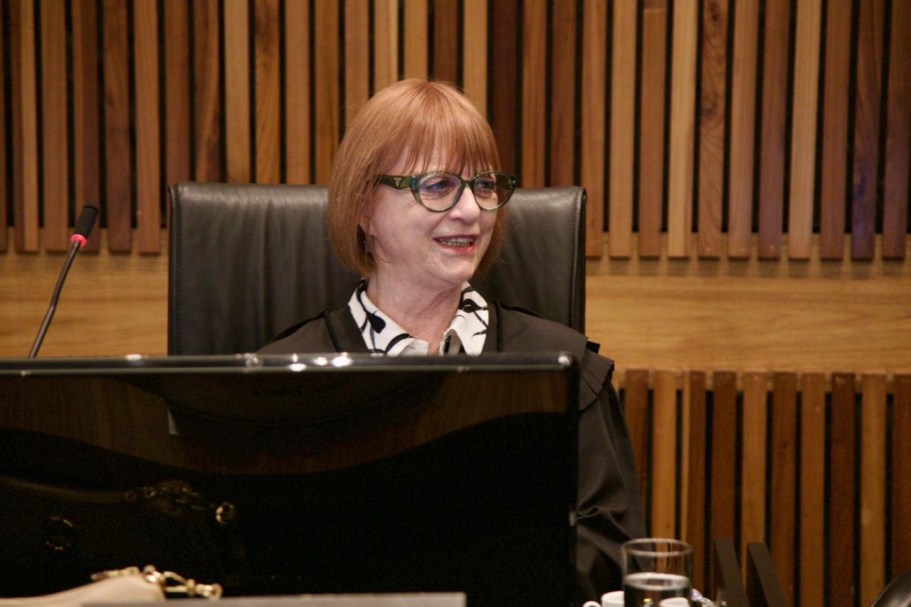 A fototo mostra a desa. Madalena sorrindo em sua cadeira.