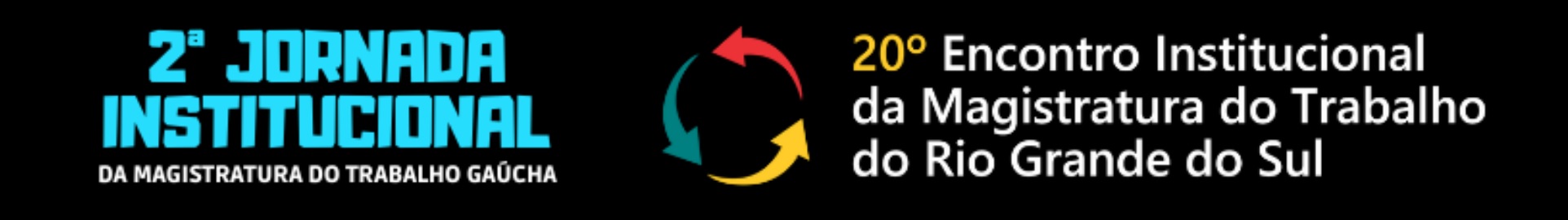 Logo da jornada institucional, nas cores azul e branco, e do encontro institucional, com três setas nas cores verde, vermelho e amarelo.formando um círculo. Os dois aparecem sobre um fundo preto.