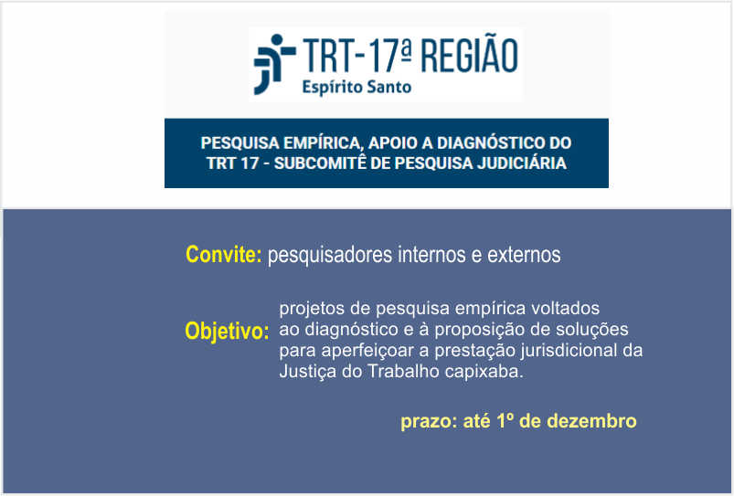 Imagem: Logomarca TRT17-Espírito Santo. Pesquisa empírica, apoio a diagnóstico do TRT17 – Subcomitê de pesquisa judiciária. Convite: pesquisadores internos e externos. Objetivo: projetos de pesquisa empírica voltados ao diagnóstico e à proposição de soluções para aperfeiçoar a prestação jurisdicional da Justiça do Trabalho capixaba.