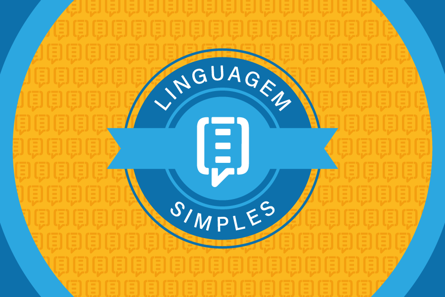 Arte do Selo Linguagem Simples: um distintivo redondo, com a expressão Linguagem (em cima) Simples (embaixo). No centro, o desenho de uma caixa de diálogo.