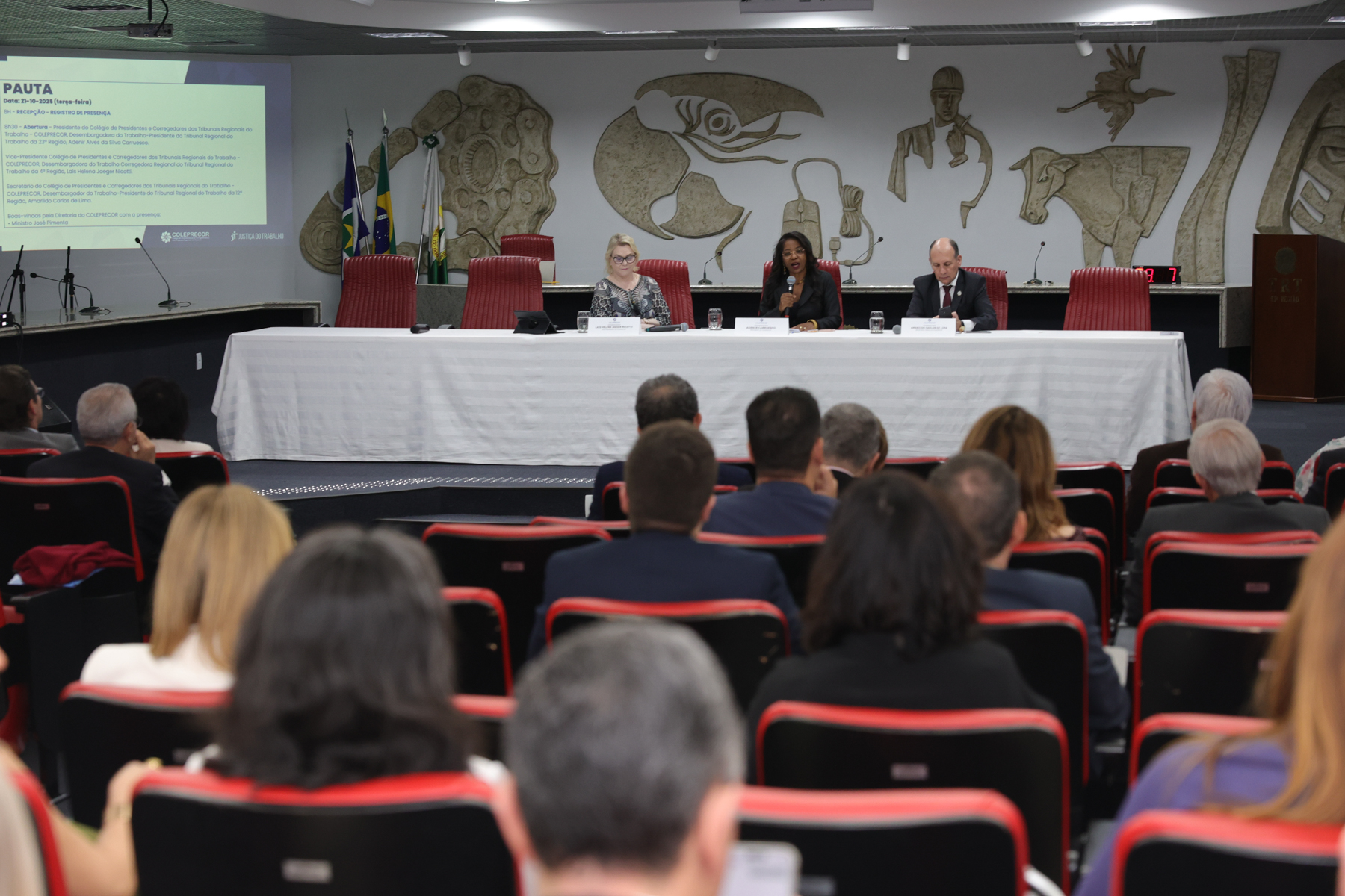Foto em ângulo aberto, mostrando público de costas, em primeiro plano, e a mesa oficial, ao fundo
