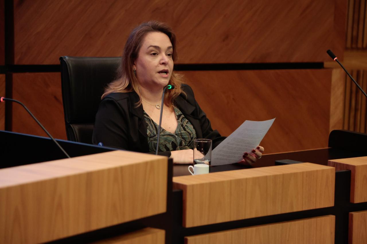 A foto mostra a diretora Rejane falando ao microfone.