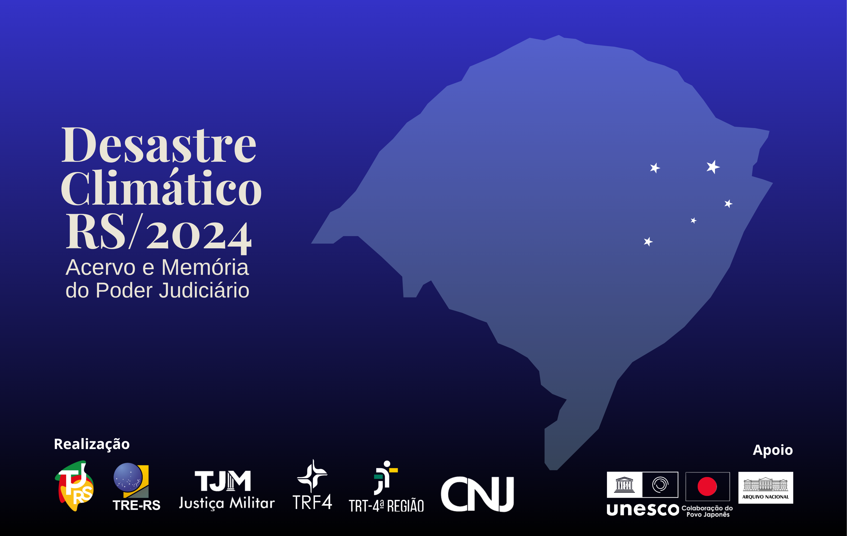 Banner Desastre Climático com mata do RS, cruzeiro do Sul, título e logomarcas dos organizadores e apoiadores.