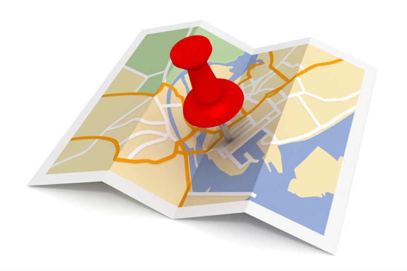 Desenho de mapa com um alfinete, de cabeça vermelha, indicando um local.