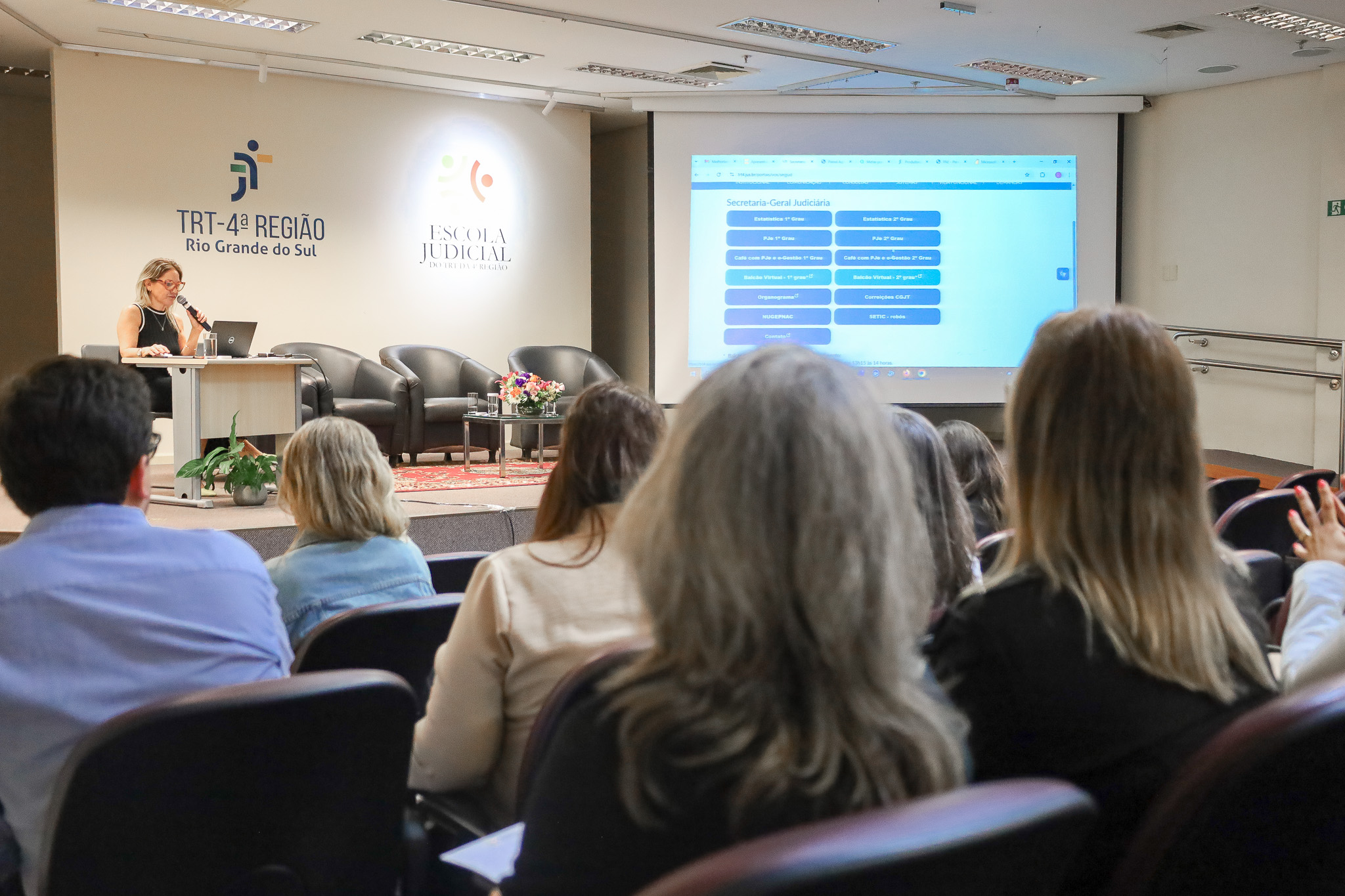 Luciana Pulvirenti, falando no palco. Ao lado dela, o telão com a apresentação. Público aparece em primeiro plano, de costas.