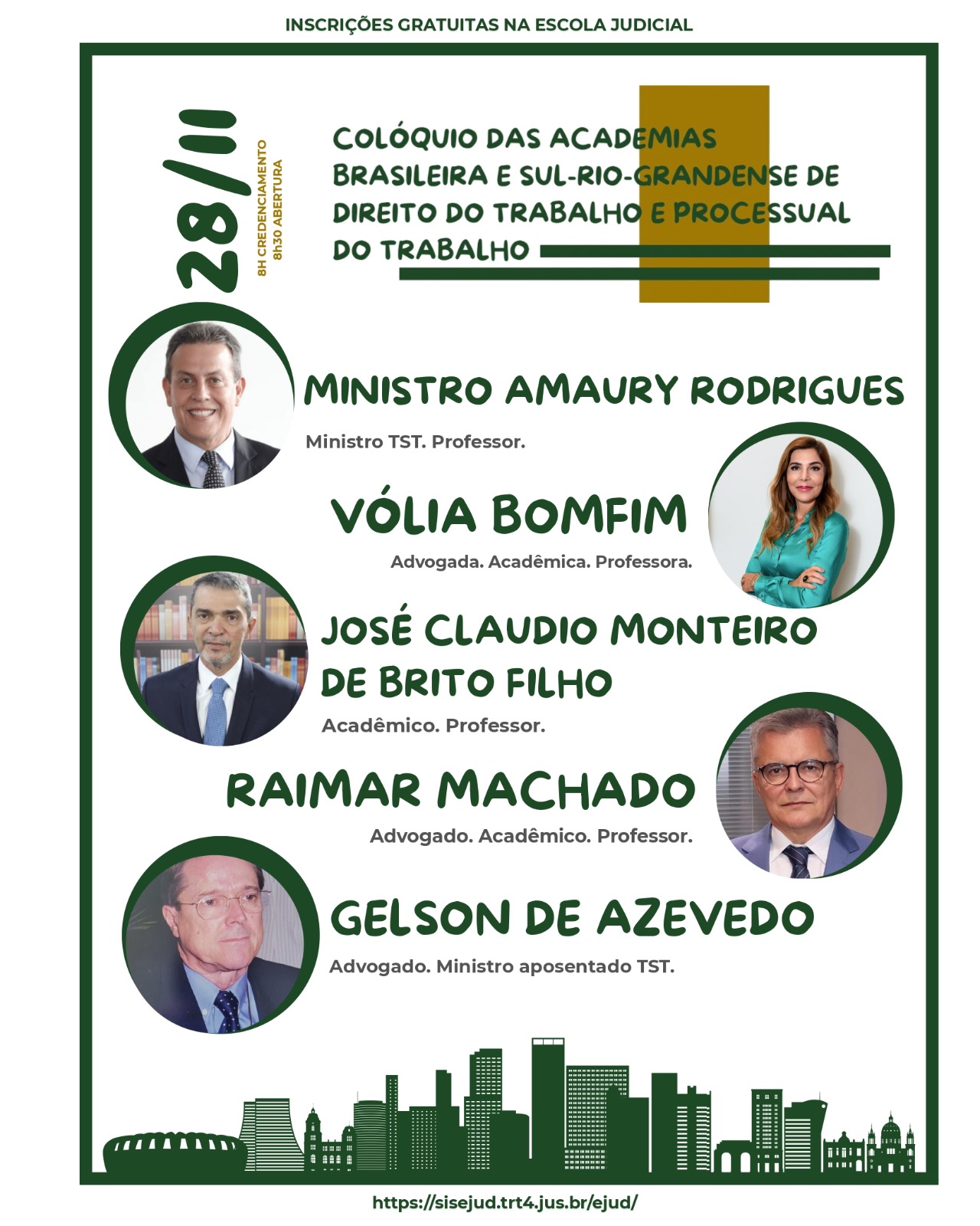 Crad de divulgação do evento, com fotos e currículos dos docentes.