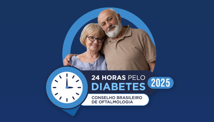 Card de divulgação da campanha "24h pelo diabetes". Dois idosos aparecem se abraçando em um fundo azul.