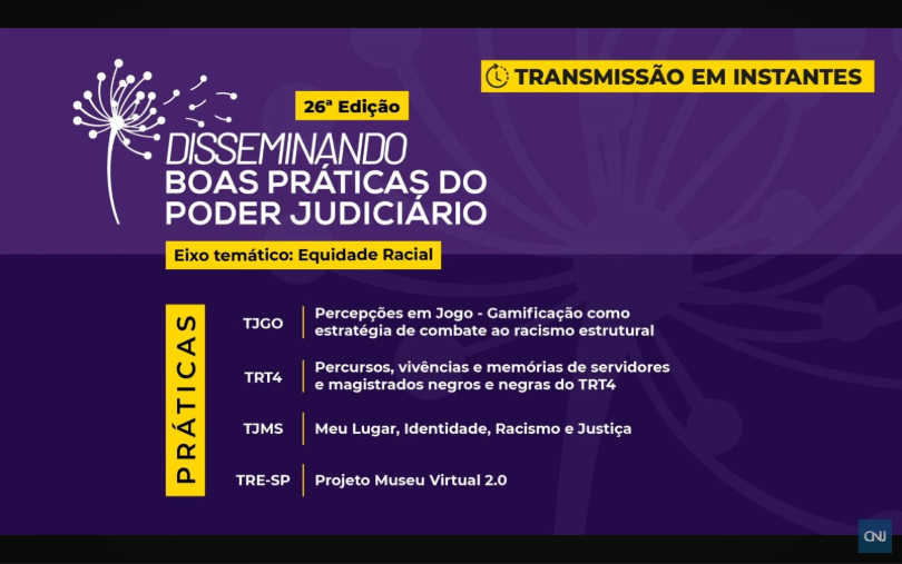 Card lilás com nome e informações sobre o evento em letras amarelas
