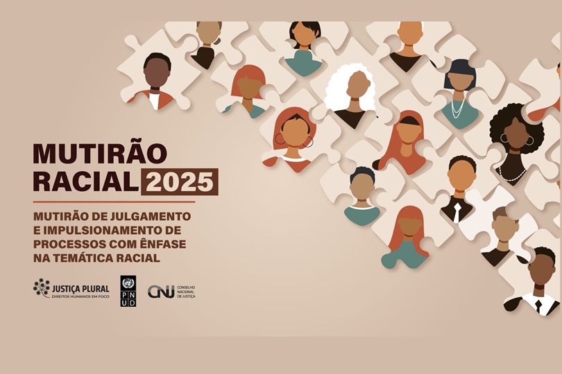 Logomarca do Mutirão Racial do CNJ com desenhos de pessoas com diversos tons de pele