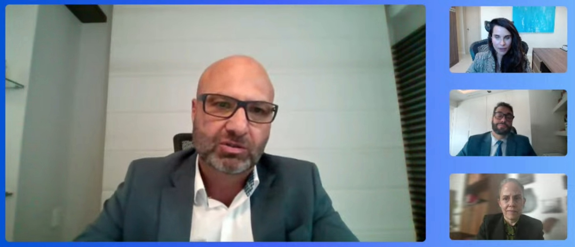 Tela de computador mostra o diretor da Escola Judicial do TRT-RS, desembargador Fabiano Beserra, juíza Carolina Cauduro Dias de Paiva, desembargador Alexandre Corrêa da Cruz e diretora da OIT para América Latina e Caribe, Ana Virgínia.