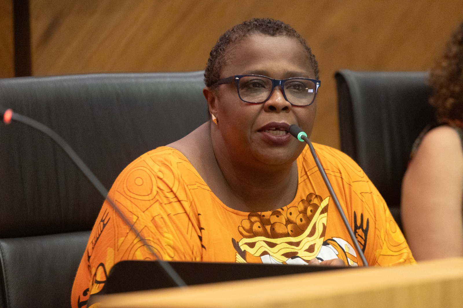 Fabiane é negra, de cabelo preto e curto. Usa camisa laranja estampada, óculos de aro fino preto e fala ao microfone. Usa brincos em formato de losango em cores na mesma tonalidade da camisa.