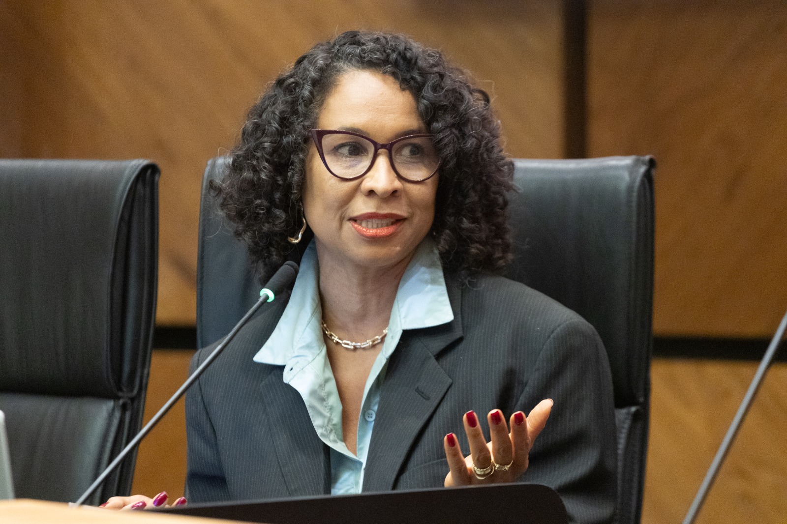 Magali é negra, de cabelo preto e cacheado até os ombros. usa camisa azul clara e blazer cinza. Fala ao microfone gesticulando. usa óculos de aro grande.