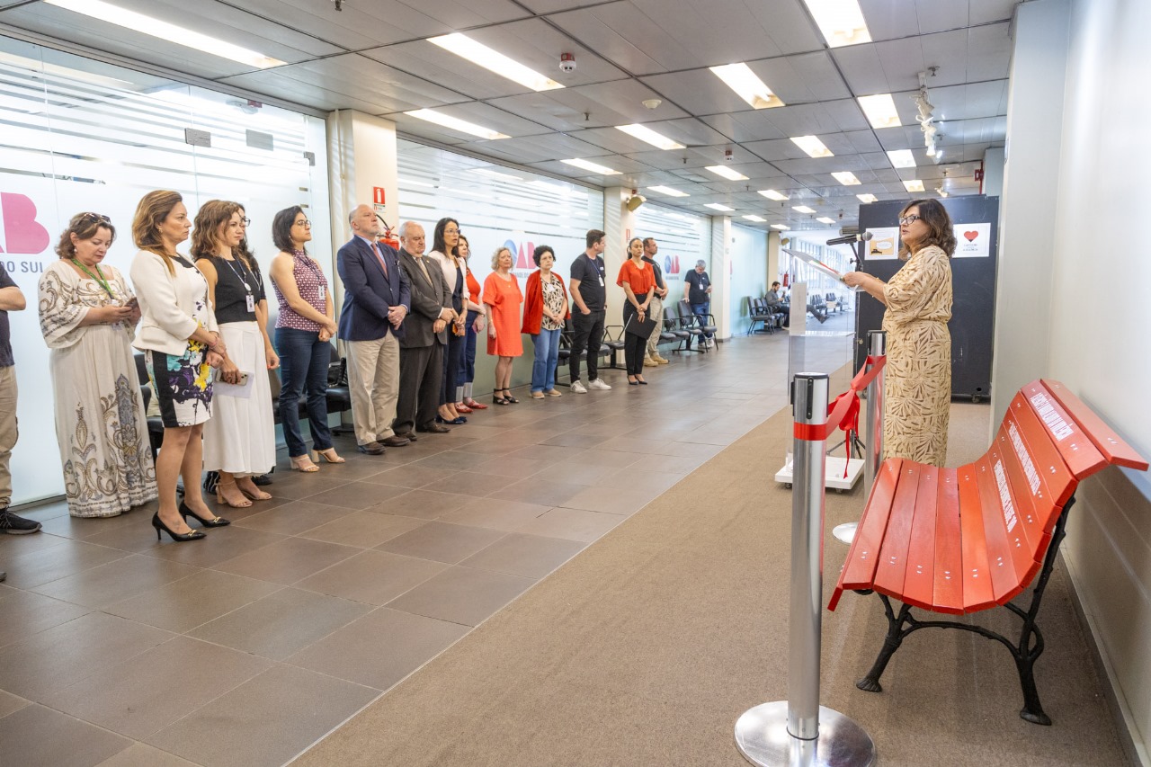 Foto em ângulo aberto, mostrando o banco vermelho, a desa. Carmen discursando, e oi público presente.