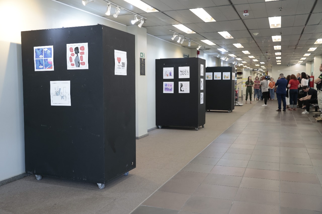 A foto mostra a exposição de cartoons.