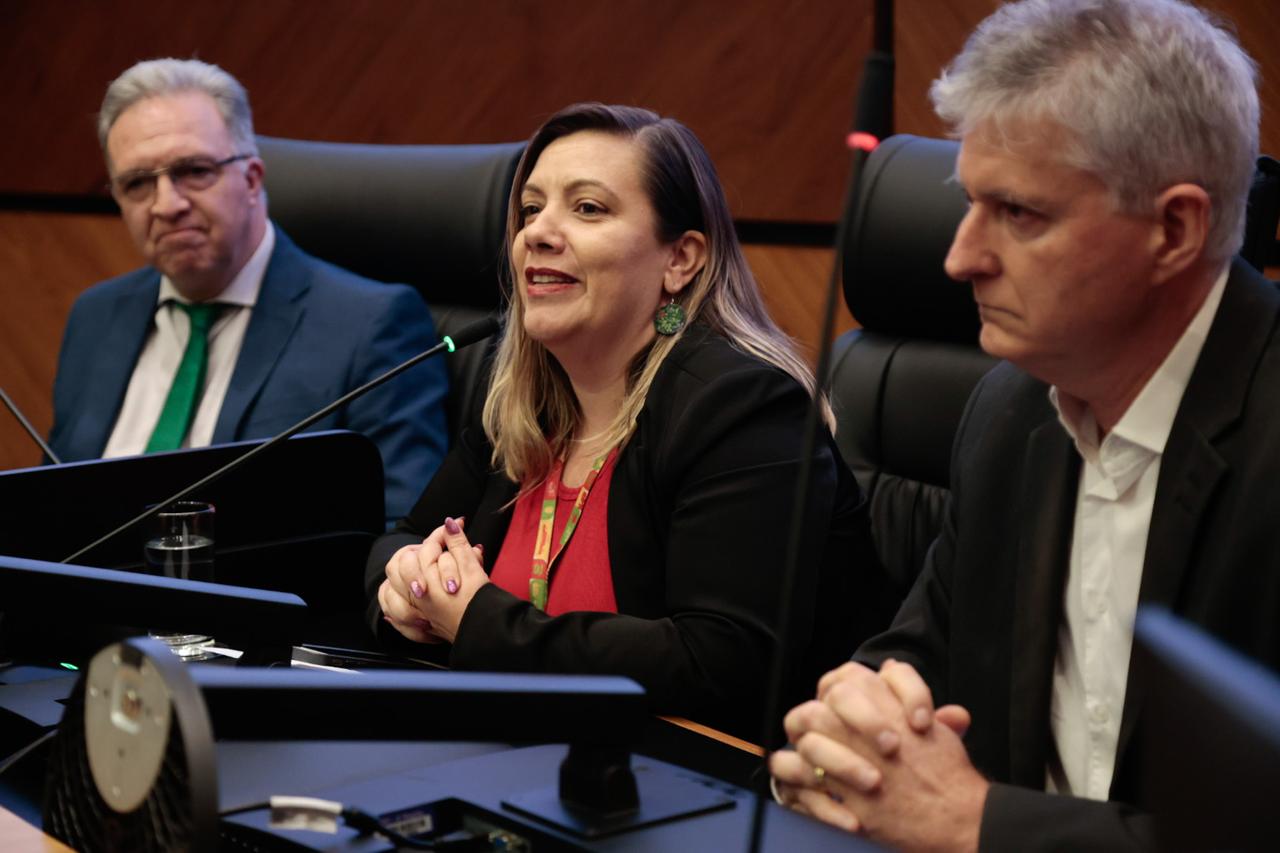 A imagem mostra a professora Paula Tatiane de Azevedo discursando.