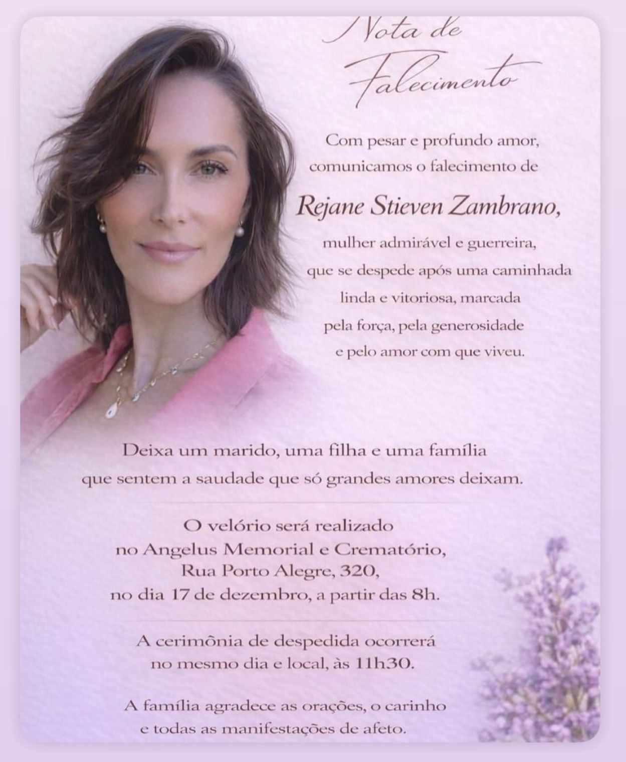 card com a foto de rejane e as informações sobre os atos de despedida