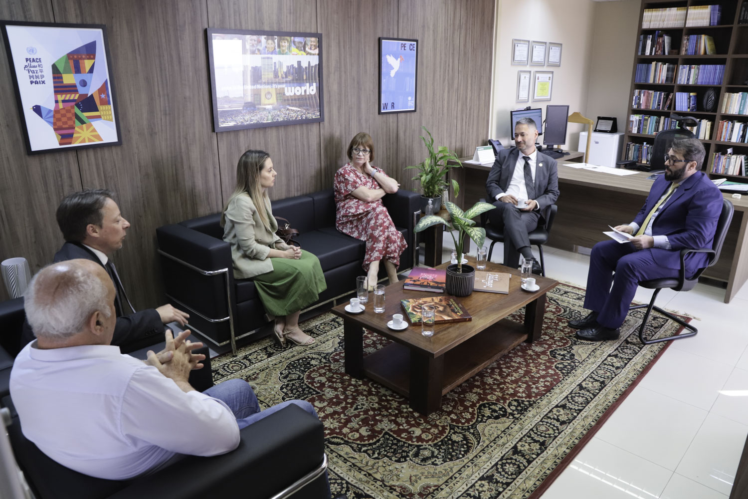 seis pessoas aparecem sentadas em um gabinete, conversando. 
