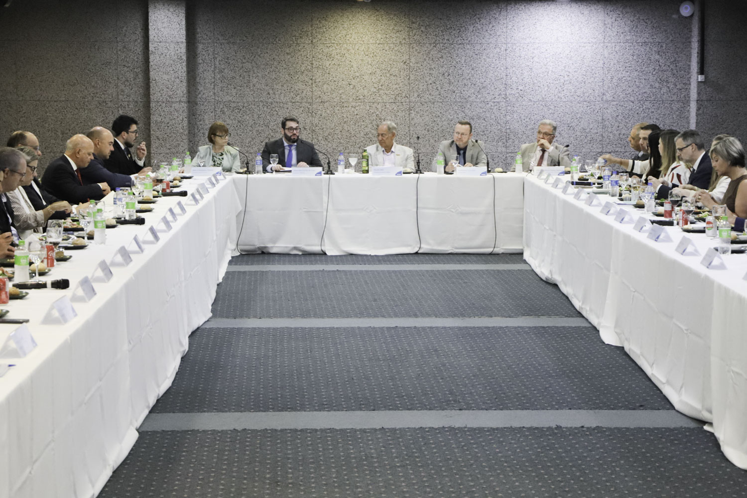 Foto dos participantes na reuniã0-almoço. Todos estão sentados em uma mesa em formato de U.