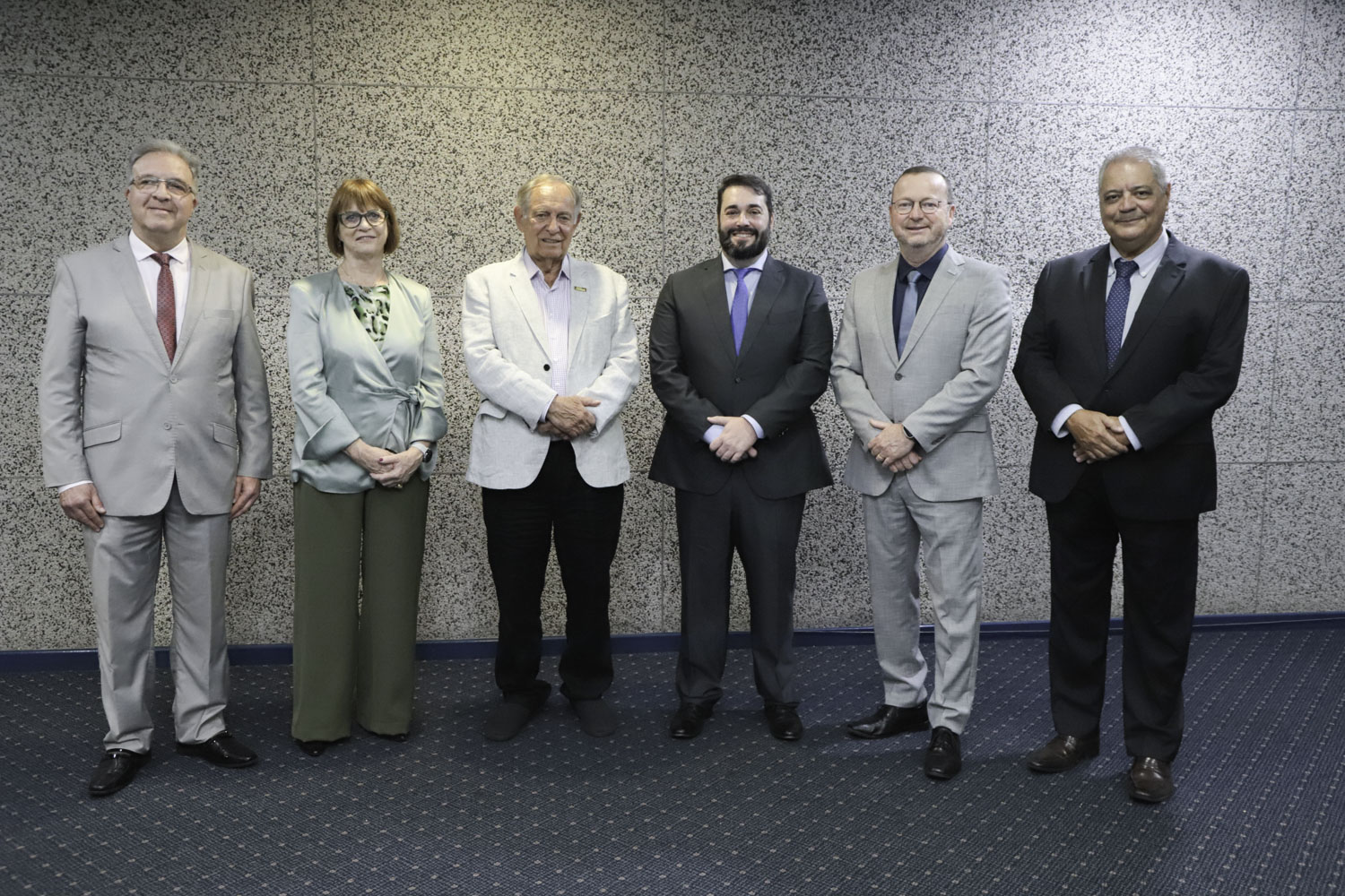 seis pessoas posam para a foto de pé sorrindo