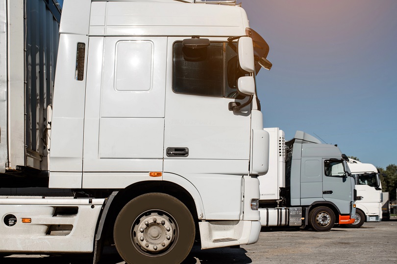 Caminhoes brancos estacionados em fila em um patio, vistos de perfil. Veiculos de carga pesada alinhados, prontos para transporte rodoviario, sob luz natural do dia.