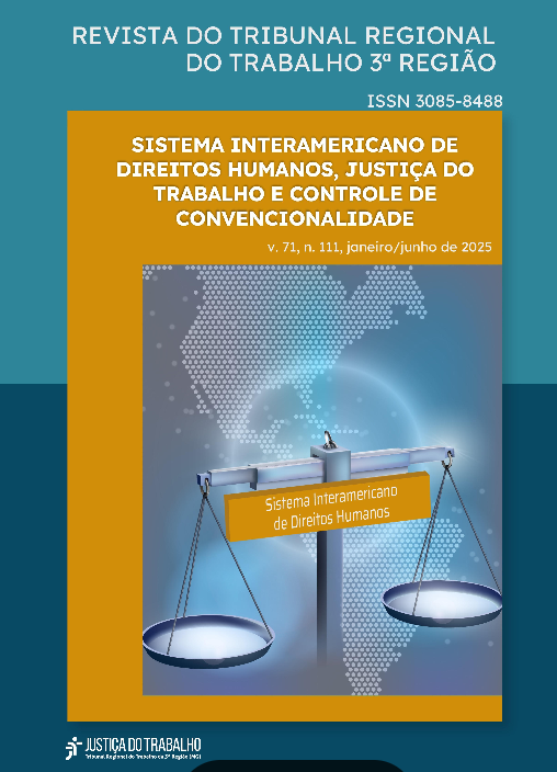 #paratodomundover: card com os dizeres: Revista do Tribunal Regional do Trabalho da 3ª Região, ISSN 3085-8488. Tema: Sistema Interamericano d Direitos Humanos, Justiça do Tabalho e controle de convencionalidade. V. 71, n. 111 janeiro/junho de 2025.  No canto inferior esquerdo está a logomarca da Justiça do Trabalho. A capa da edição traz a imagem de uma balança, com fundo amarelo queimado que se sobrepõe ao fundo azul do card.