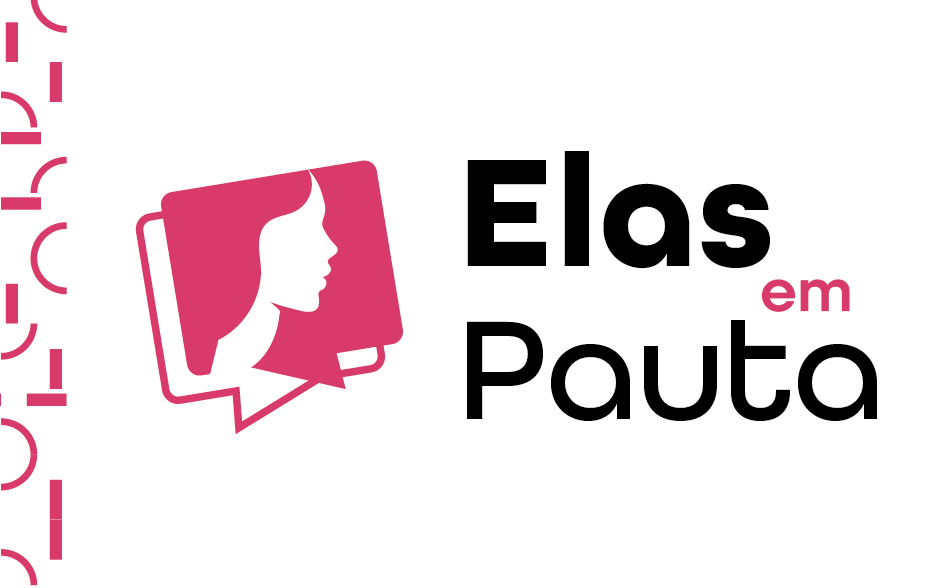 Imagem com fundo branco e identidade visual da campanha **“Elas em Pauta”. À esquerda, ícone rosa com o perfil de uma mulher dentro de balões de diálogo; à direita, o nome da campanha em destaque.