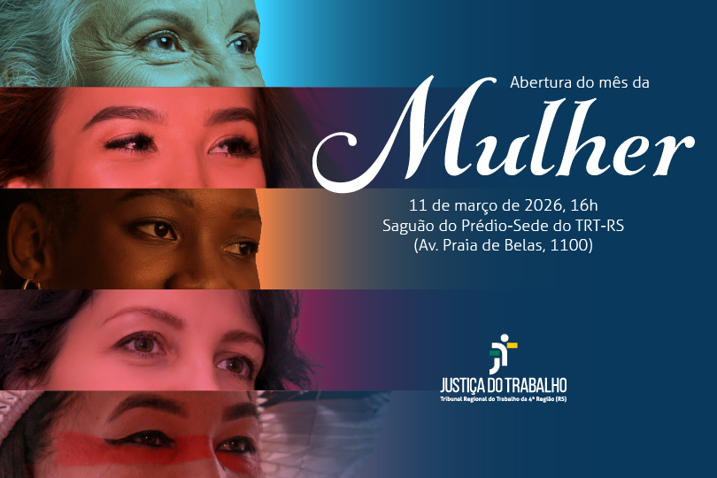 Card de divulgação do mês da mulher, mostrando rostos de mulheres de diferentes cores e gerações.