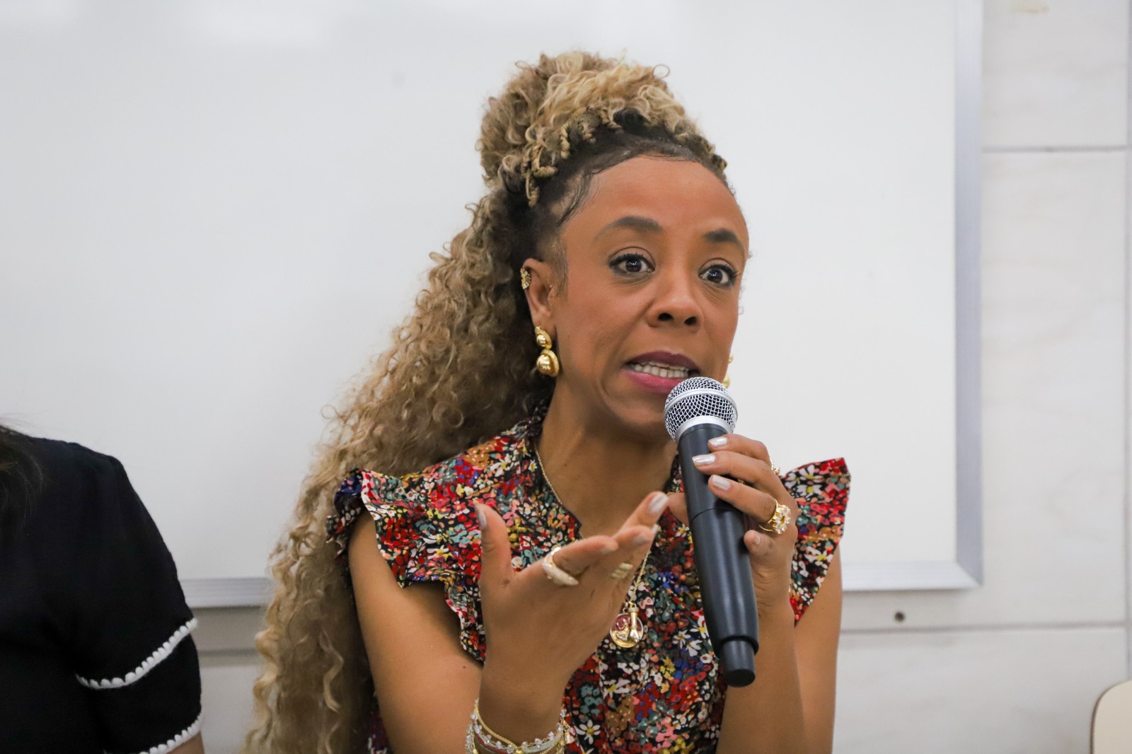 A foto mostra a servidora Milena falando em primeiro plano.