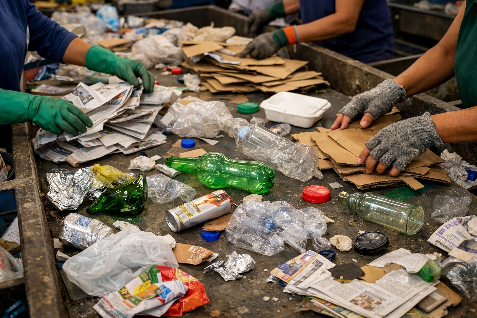 Trabalhadores organizam papelão e separam manualmente resíduos misturados, como jornais, latas, vidros e plásticos.
