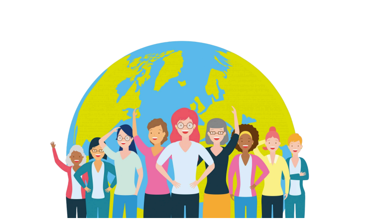 A ilustração apresenta um grupo de nove mulheres diversas posicionadas à frente de um grande globo terrestre, simbolizando união e representatividade global. As figuras femininas exibem diferentes etnias, idades e estilos, todas com expressões sorridentes e posturas confiantes. Elas vestem roupas casuais e coloridas.