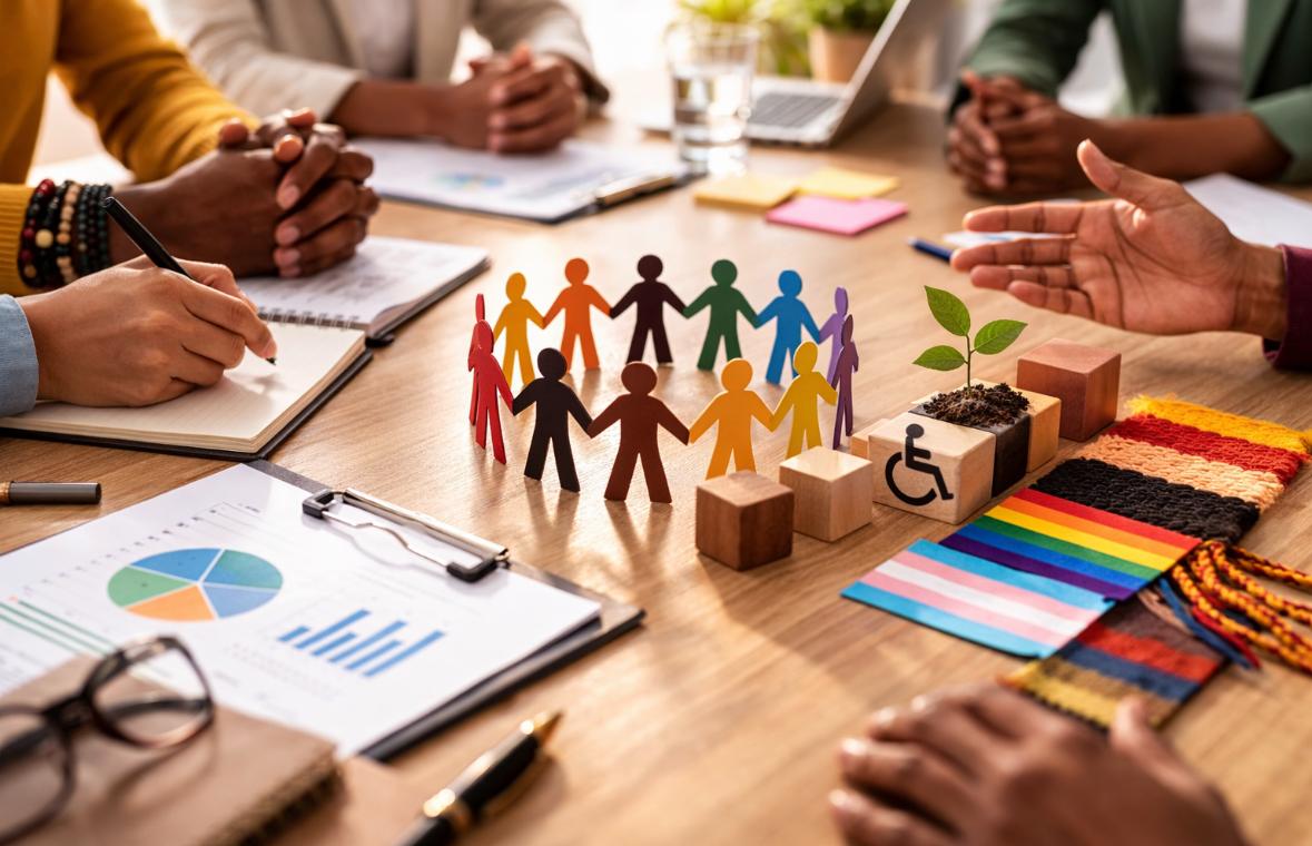 Grupo de pessoas reunidas em torno de uma mesa de trabalho, discutindo inclusão e diversidade, com figuras coloridas representando diferentes pessoas, um símbolo de acessibilidade, bandeiras LGBTQIAPN + e materiais de escritório ao redor.