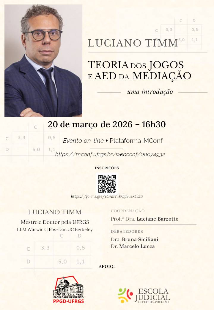 Pôster de evento on-line com fundo texturizado e sobreposições de matrizes de Teoria dos Jogos. No canto superior esquerdo, foto do palestrante Luciano Timm, um homem de óculos e terno. Texto centralizado informa: "Teoria dos Jogos e AED da Mediação: uma introdução", dia 20 de março de 2026 às 16h30. Logos do PPGD-UFRGS e da Escola Judicial do TRT4 no rodapé.