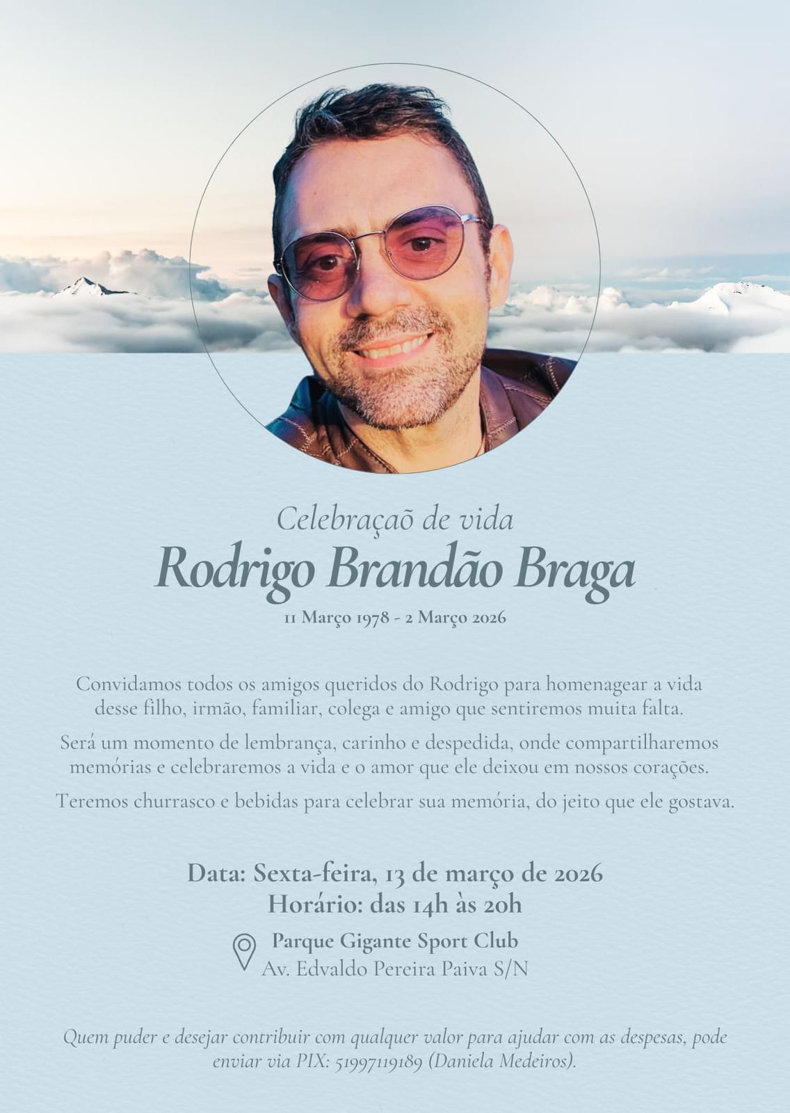Card com a foto de Rodrigo e as informações da Celebração de Vida