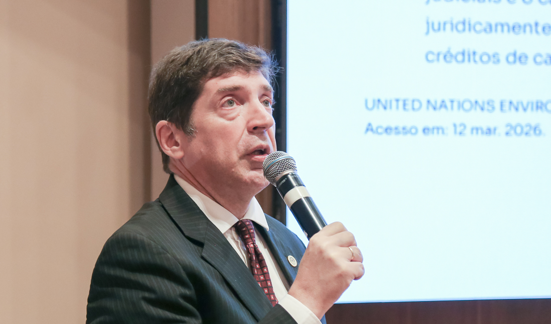 A foto mostra cons. Foto feliciano discursando.