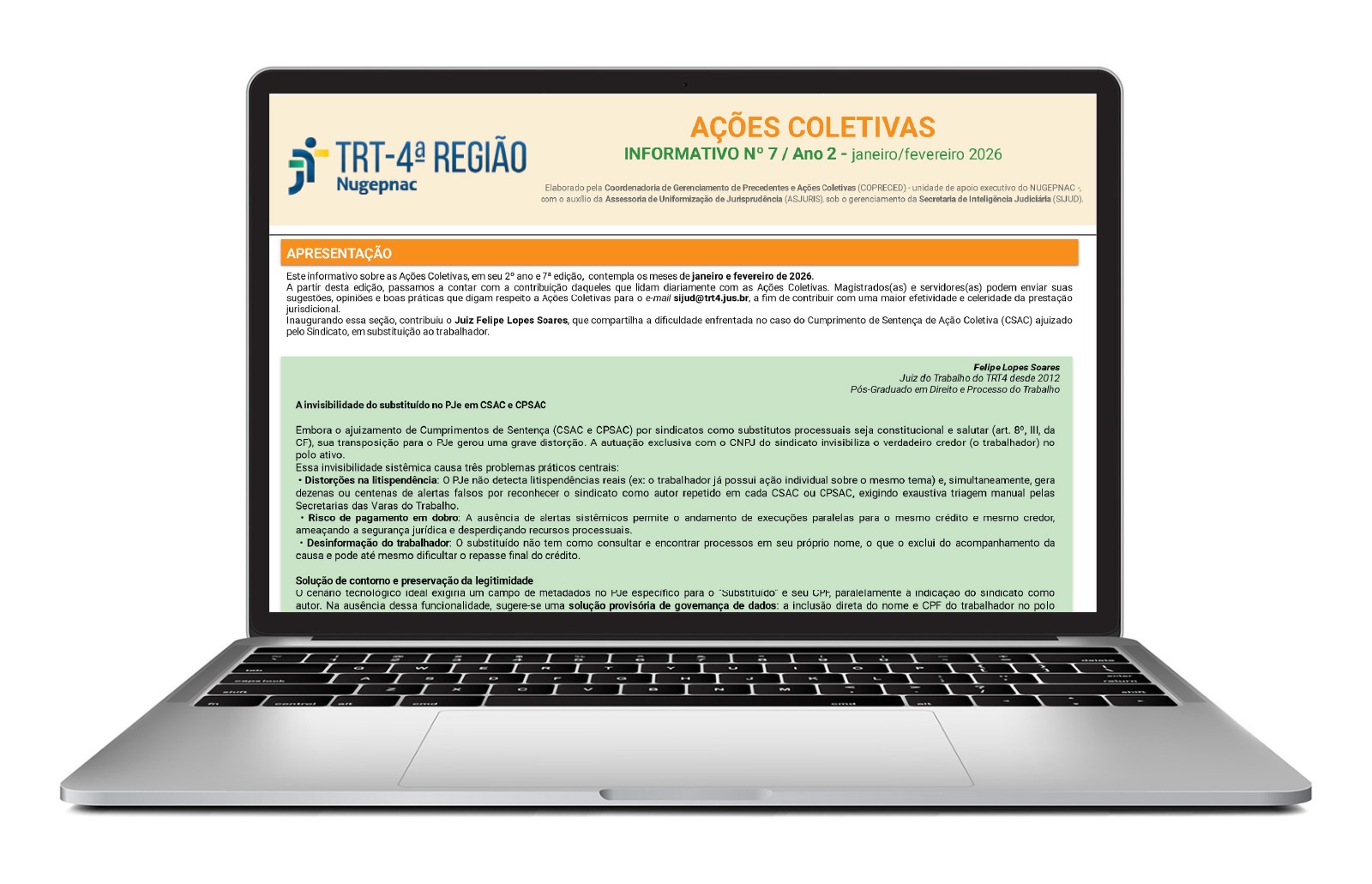 Ilustração de um notebook. Na tela, a primeira página do informativo.