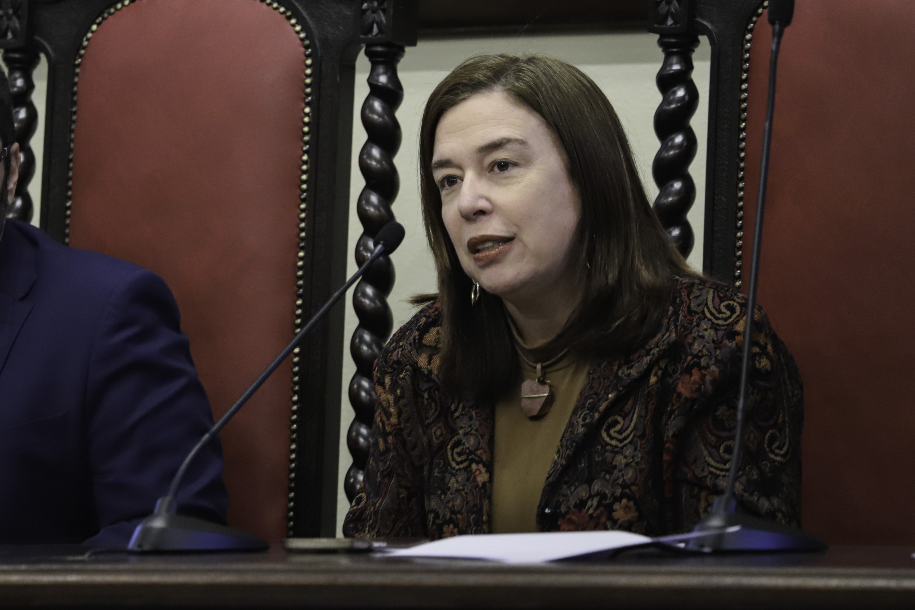 Ana Paula é branca e de cabelos castanhos, fala na mesa oficial