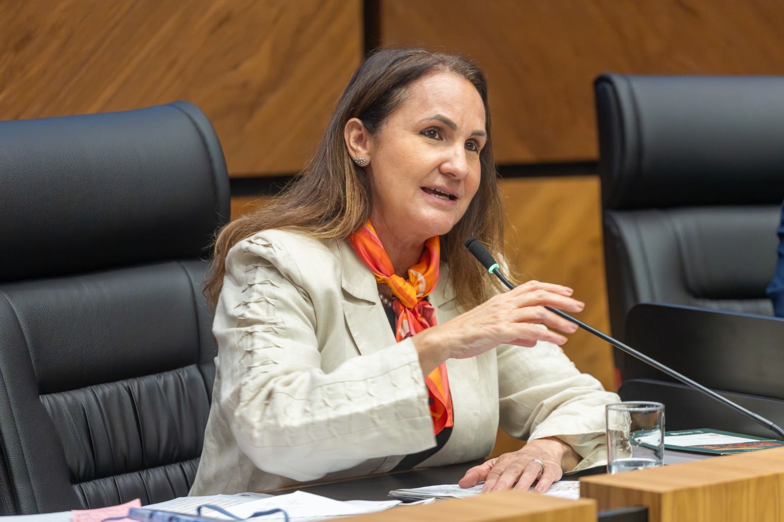 Flávia é branca, de cabelo castanho liso. usa blazer claro e lenço laranja. Fala ao microfone.