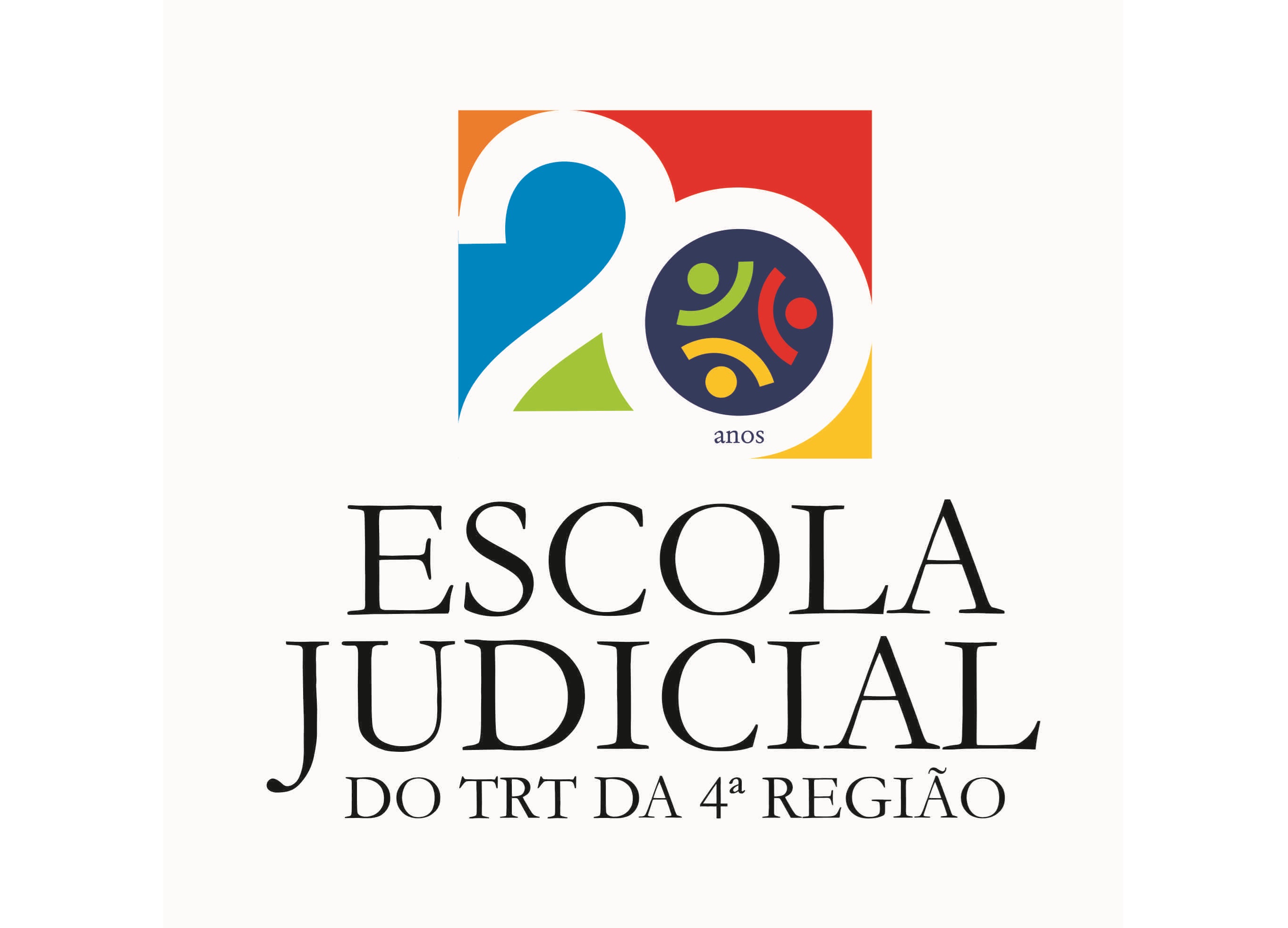 Selo alusivo aos 20 anos da Ejud4. Abaixo, aparece o texto Escola Judicial do TRT da 4ª Região
