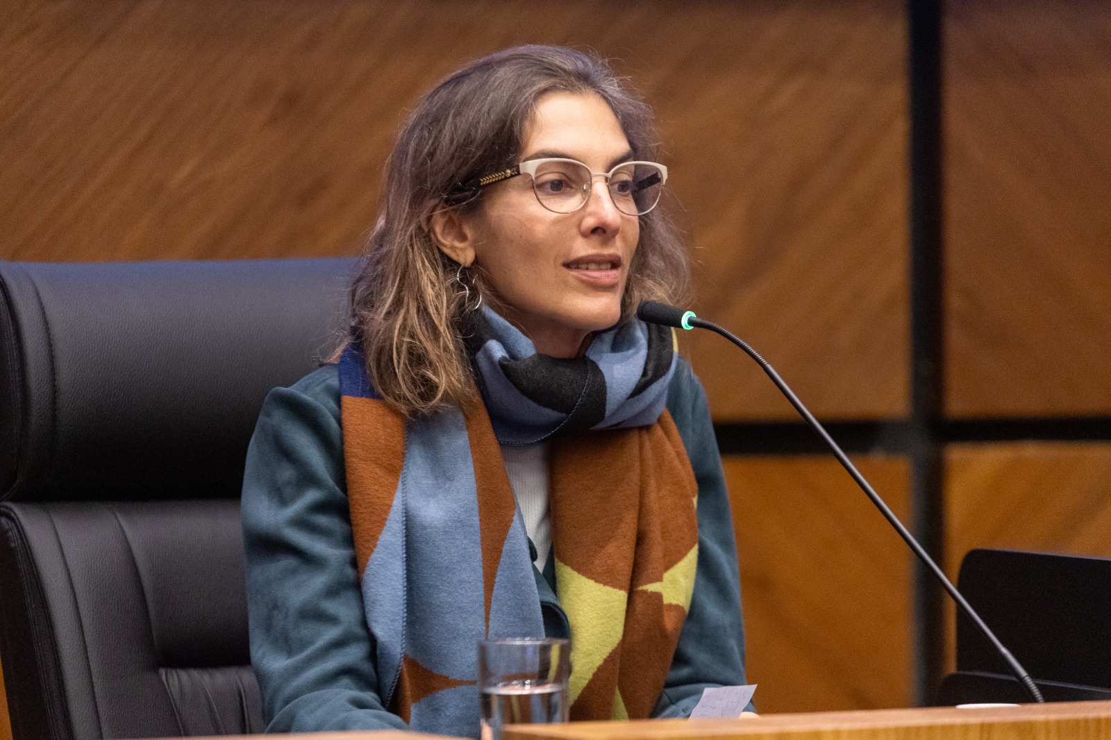 Martha é branca, de cabelo castanho claro e usa óculos de aro grande. usa lenço colorido no pescoço e fala na mesa oficial. 