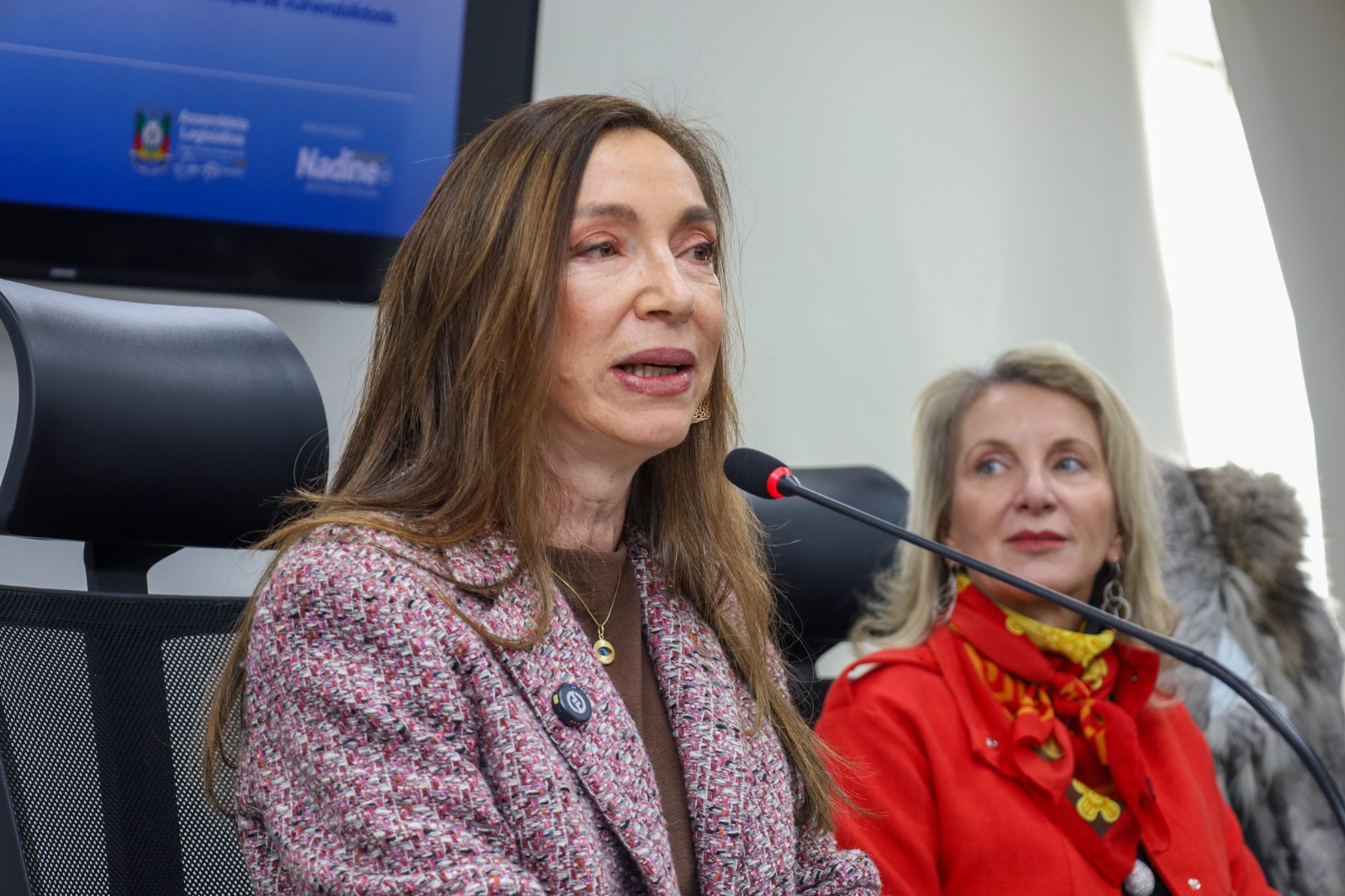 A foto mostra a diretora do pescar discursando.